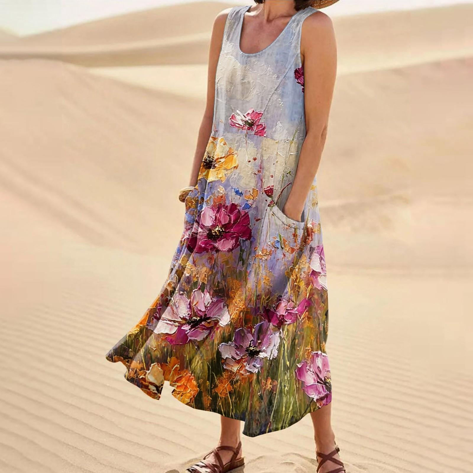 

Женское повседневное модное платье без рукавов с цветочным принтом и карманом XXL