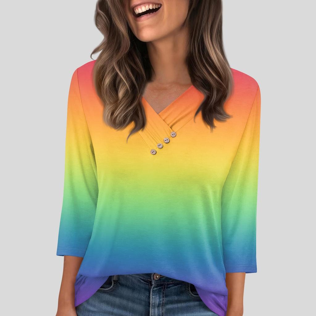 Damen T-Shirt Tee Knopf 3/4 Ärmel Tunika Täglich Wochenende Mode Basic V-Ausschnitt Reguläres Oberteil