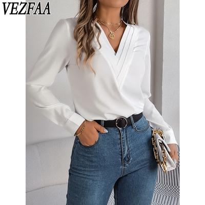 Damenmode, lässig, Frühling und Herbst, einfarbig, langärmelig, V-Ausschnitt, Blusen und Hemden