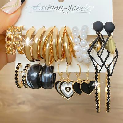 Súprava náušníc Dutý prsteň módny prívesok Diamond Love Smooth Personality Čierna Elegantné ženy Náušnicový prívesok