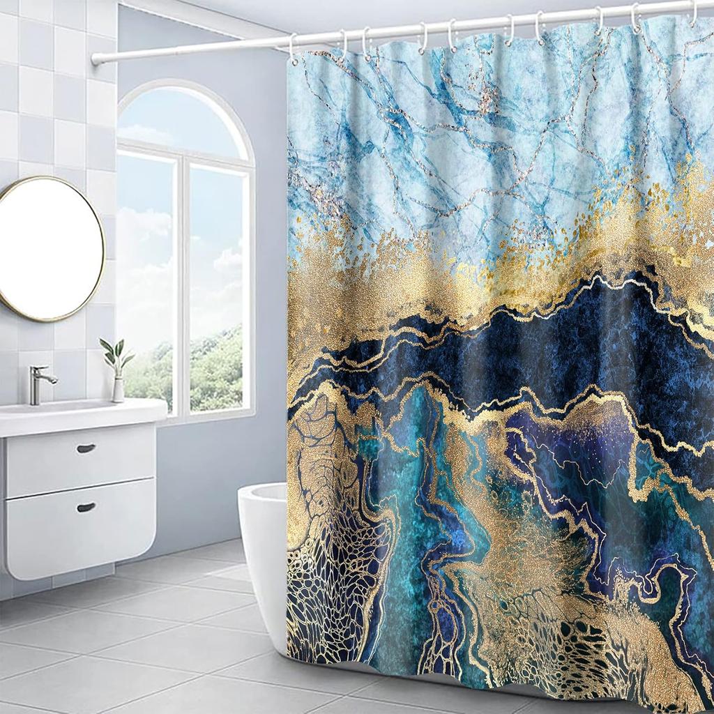 Marble Shower Curtain, Blue Marble Shower Curtain Set, Abstract Navy Blue Gold Glitter Veins Texture Marble Shower Curtains For