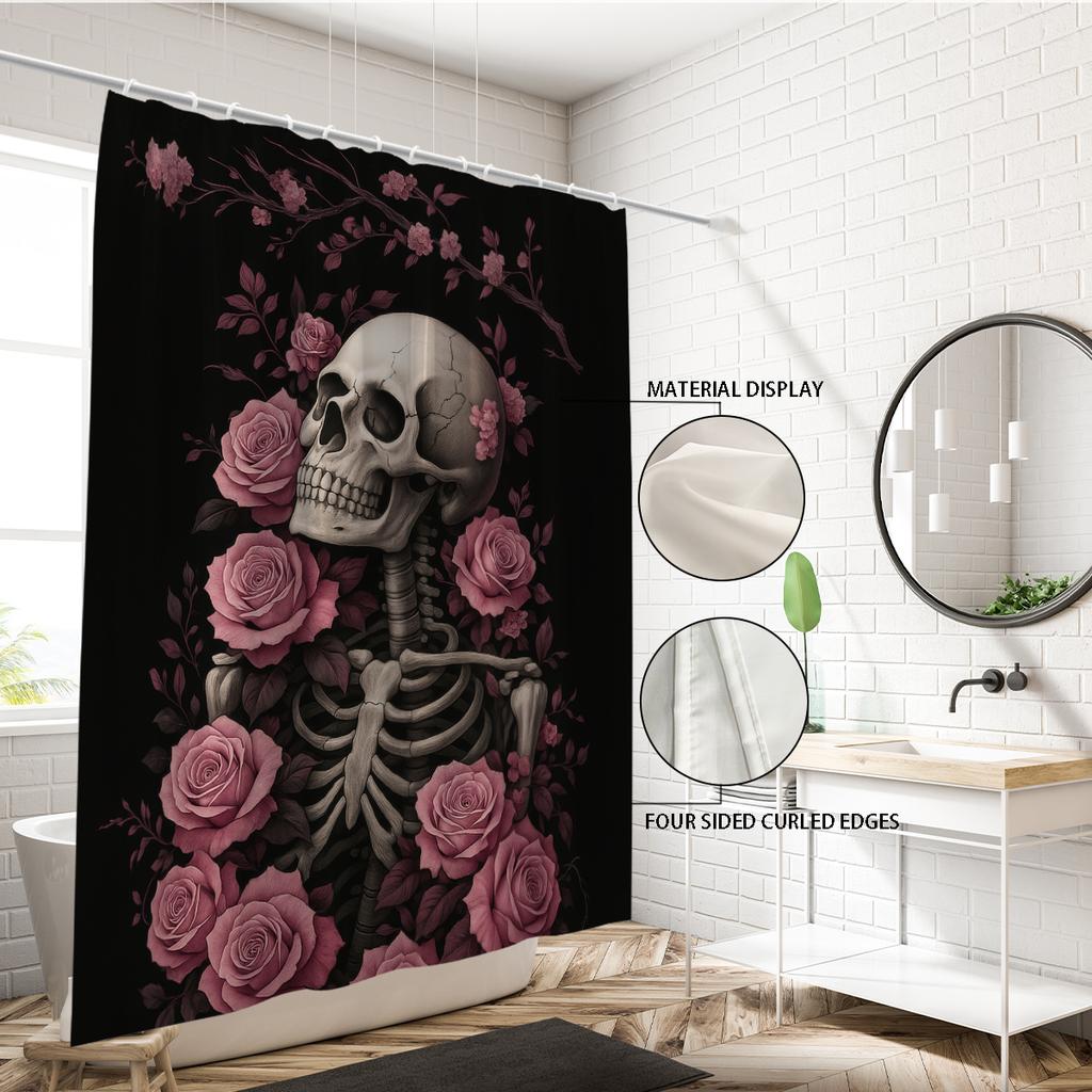 1Pc Halloween Skeleton Flower Print Waterproof Shower Curtain Privacy Hanging Curtain 12 Hook Multiple Sizes Machine Washable