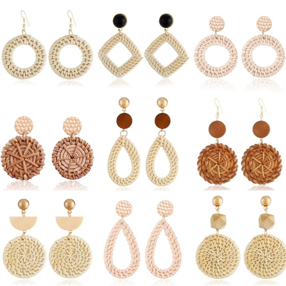Bohemia Trend Bamboo Rattan Hand-woven Dangle Earrings for Women Creativity Charm Summer Beach Dangle Jewelry Holiday Accessory