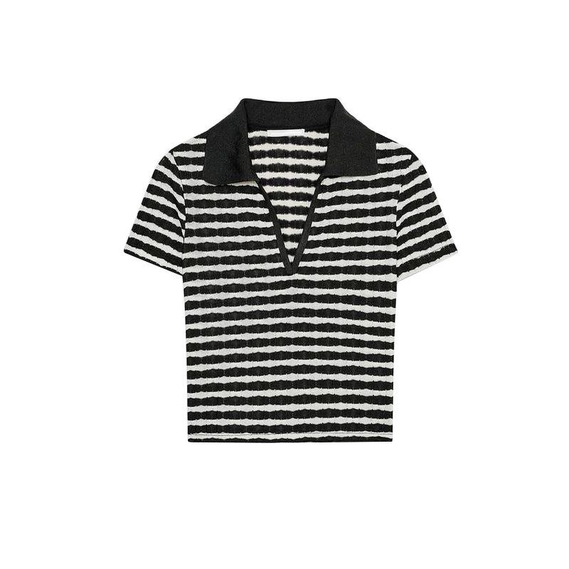 

Casual Jacquard Lapel Short Sleeve Polo Shirt 5039363 Jacquard High Waist Casual Flared Pants 5039362 Black Tops L