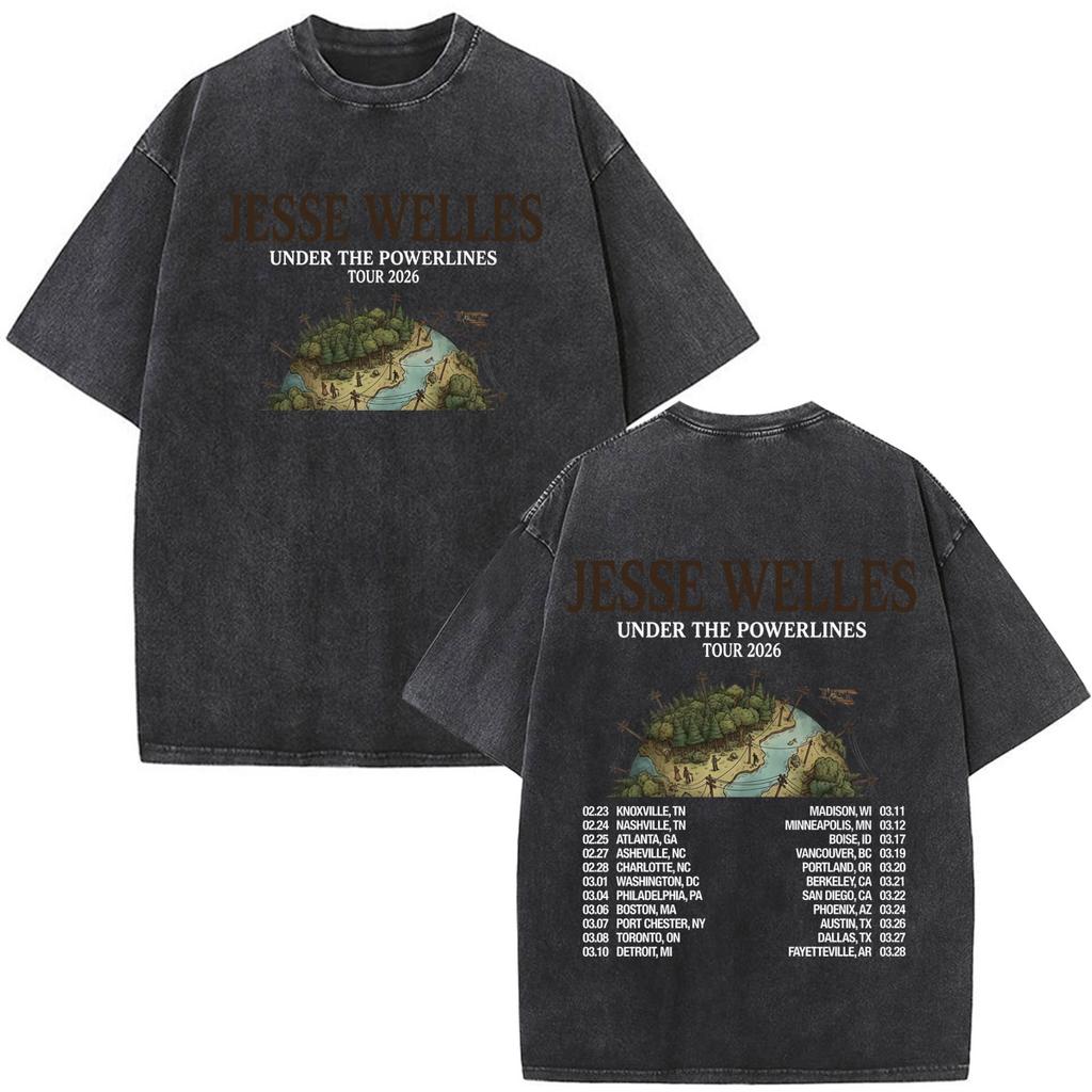 Vintage Washed Tshirt Jesse Welles Under The Powerlines Tour Print Tshirt Unisex Aesthetic Trendy Casual Cotton Tshirts