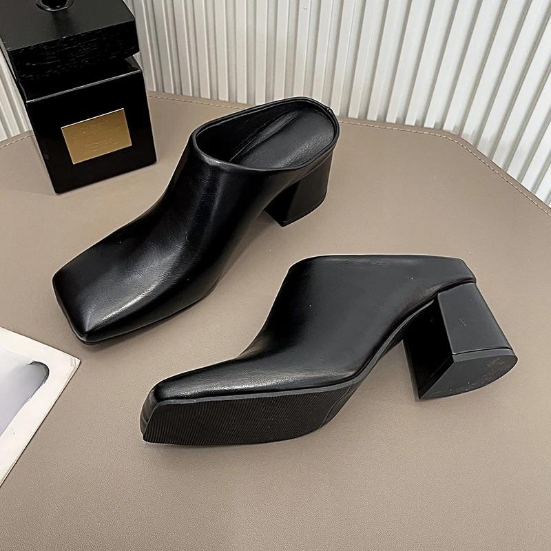 

Block Heel Baotou Half Slippers Women s Spring and Autumn Fashion French Square Toe Deep Mouth Slippers 42 чорний