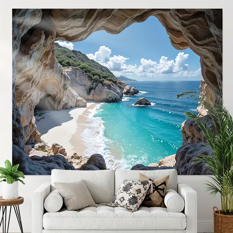 Seaside Cave View Backdrop Natural Rock Cave Coastal Scenery Photography Background Cloth for Wedding & Vacation Theme