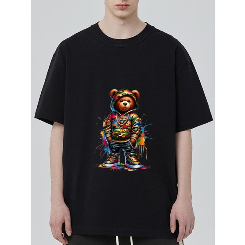 

Crewneck T Shirt Black Colorful Bear Graffiti Print Streetwear Fashion Casual Wear for Men and Women XXXXL чёрный