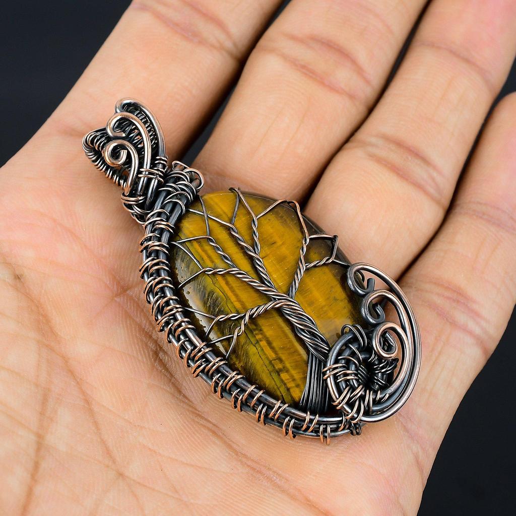 Tree Of Life Tiger Eye Pendant, Handmade Gemstone 999 Copper Wire Wrapped Pendant Antique Jewelry, For Gift Silver Jewelry