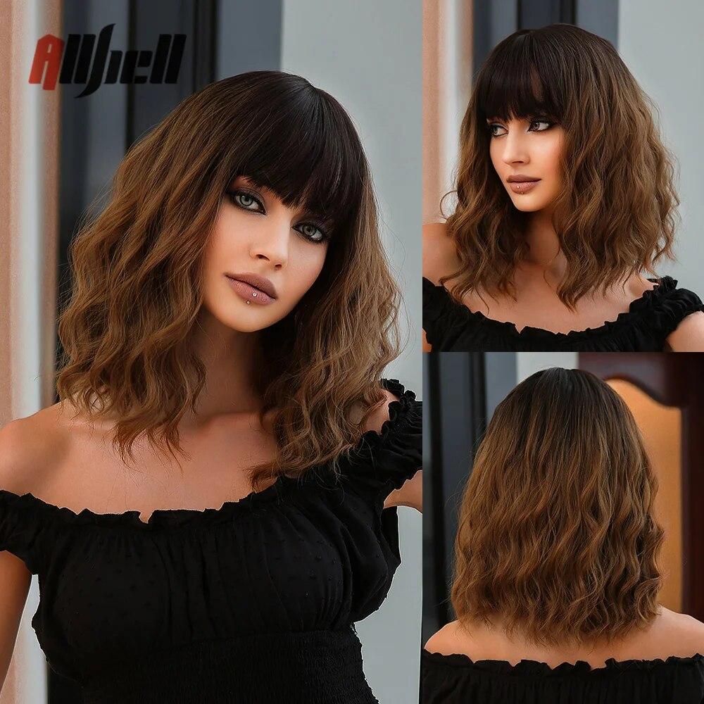 Shoulder Long Copper Ginger Wig Orange Synthetic Water Wave Wigs for Women Heat Resistant Daily Halloween Cosplay Wig with Bangs