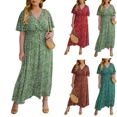 Women's Fashionable Plus Size Floral Print V-neck Short Sleeved High Waisted Loose Dress