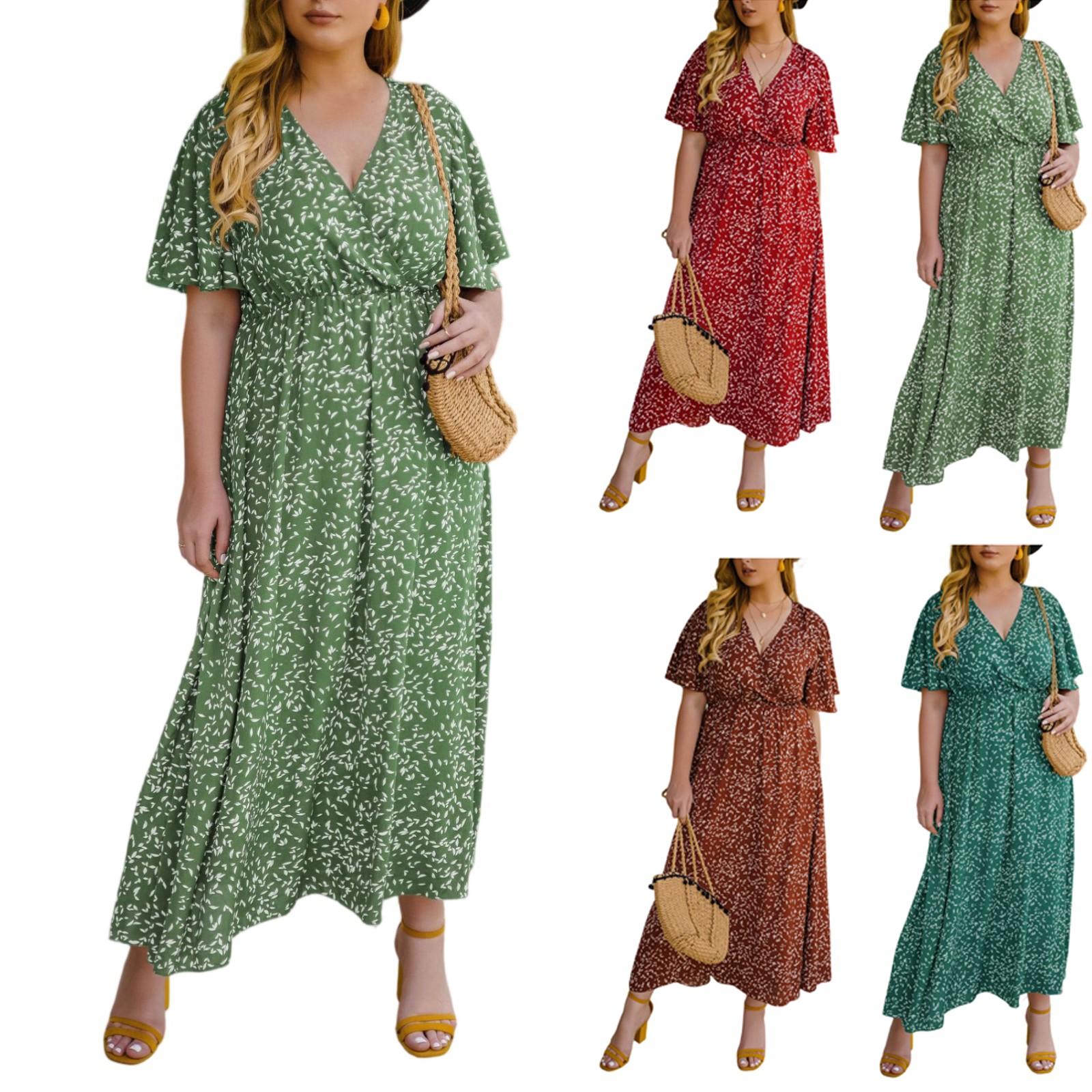 

Women s Fashionable Plus Size Floral Print V-neck Short Sleeved High Waisted Loose Dress XXXL зелений