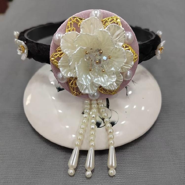 Flower Pearls Korean Hair Hoop Traditional Headband for Stage Shows and Ethnic Festivals Handmade Hair Accessories