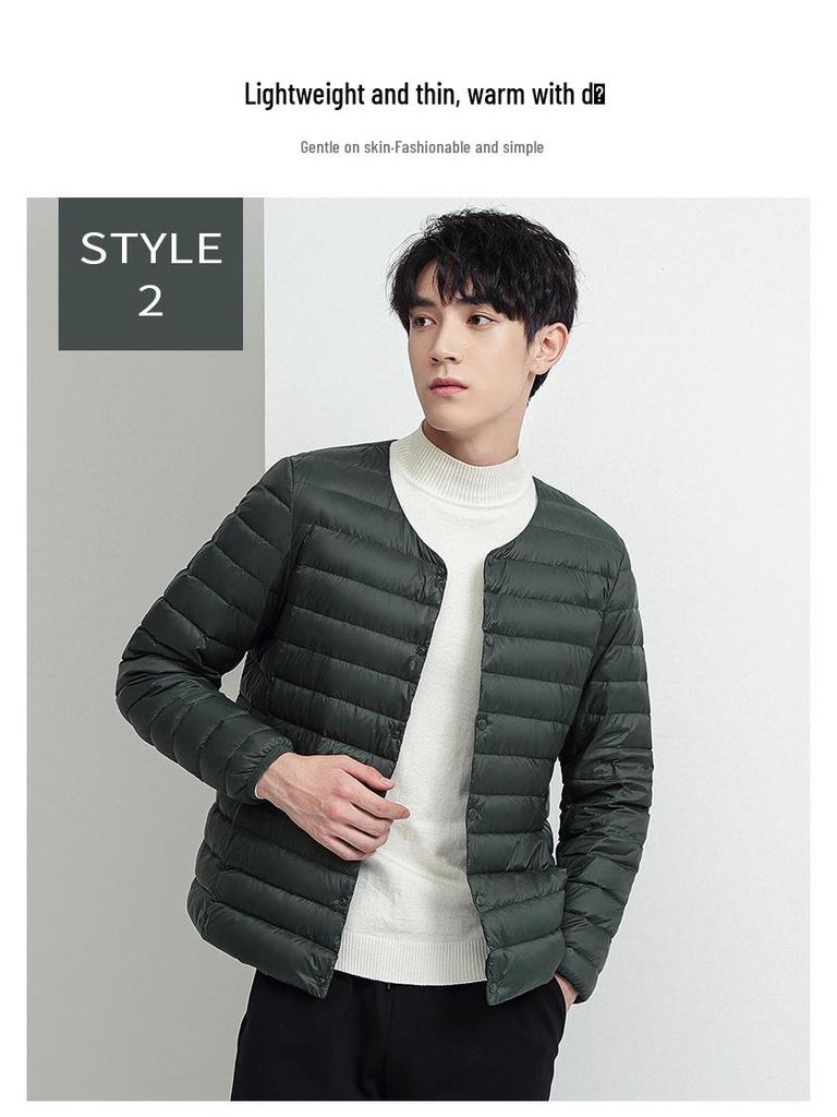 Men's Lightweight Collarless Down Jacket - Autumn/Winter, Plus Size Round Neck White Duck Coat