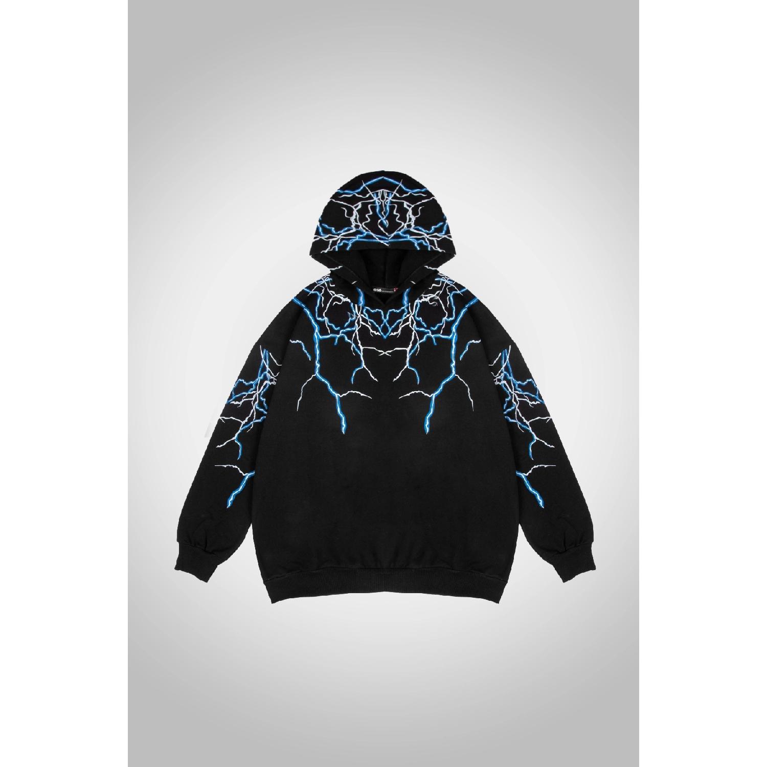 

Черный свитшот с капюшоном оверсайз с принтом молний