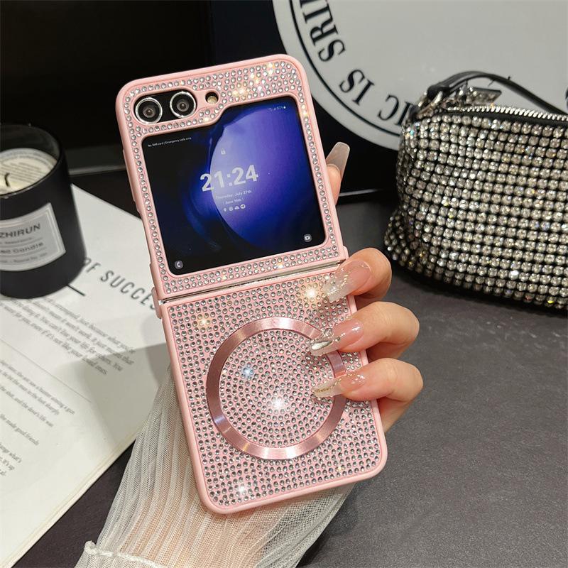 Diamond Magnetic Protective Case with Lanyard for Samsung Z Flip 6/7, Compatible with Wireless Charging
