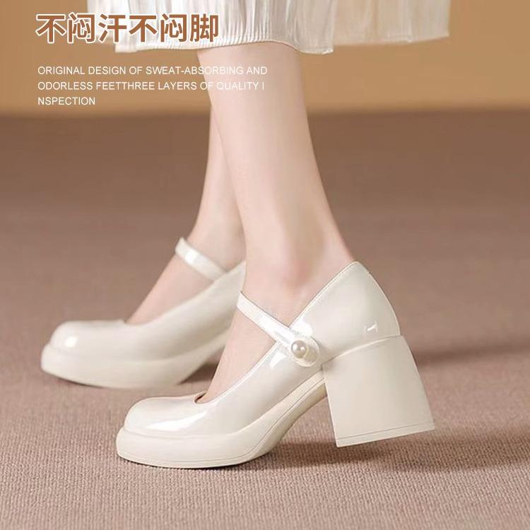 Genuine leather~ Mary Jane thick heel single shoes women's pearl French retro high heels one word with shallow mouth fairy shoes college