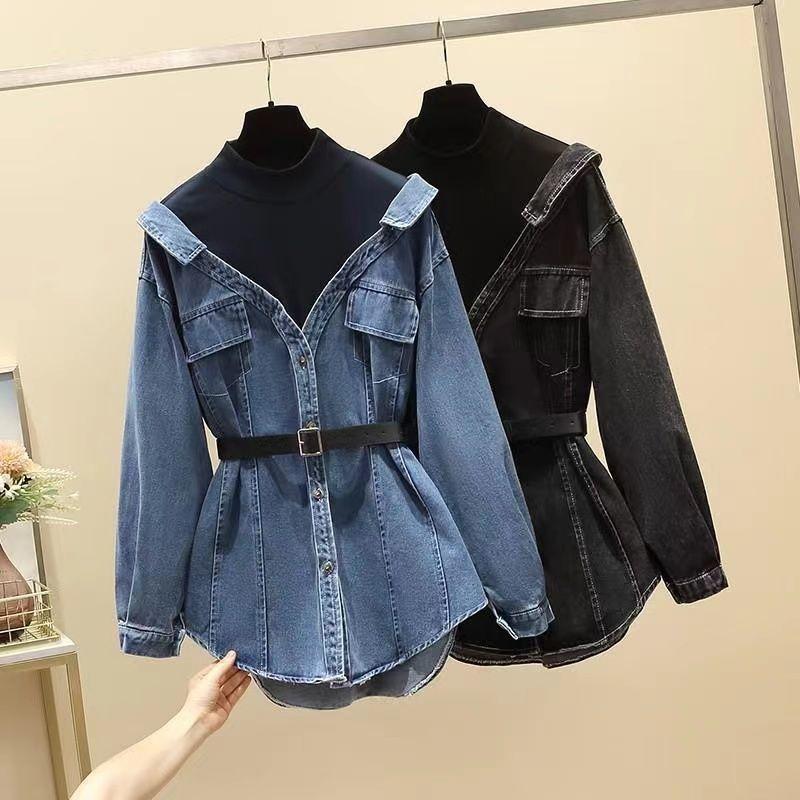 Women's Denim Jacket Spring Autumn Fake Two Pieces Appear Thin Ladies Temperament Long Sleeve Female Cowboy Coat