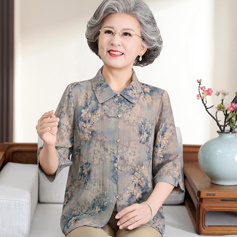 

2026 New Style Mulberry Silk Summer Top for Women – Stylish Loose Shirt for 60-Year-Old Mothers 2XL (110-120 jin) синий
