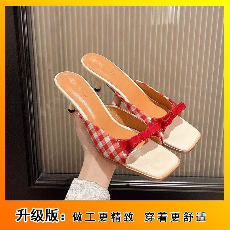 Winter Sandals 2025 Bow Red Women's Shoes Plaid Wear One Word Beautiful French High Heel Open Toe Cool Slippers