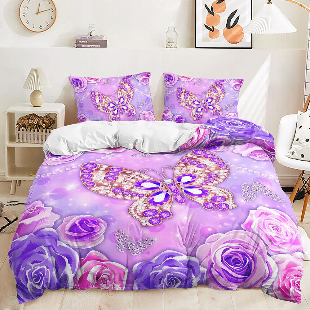 Purple Dimonds Rose Floral Moth Butterfly Doona Duvet Quilt Cover Bedding Set