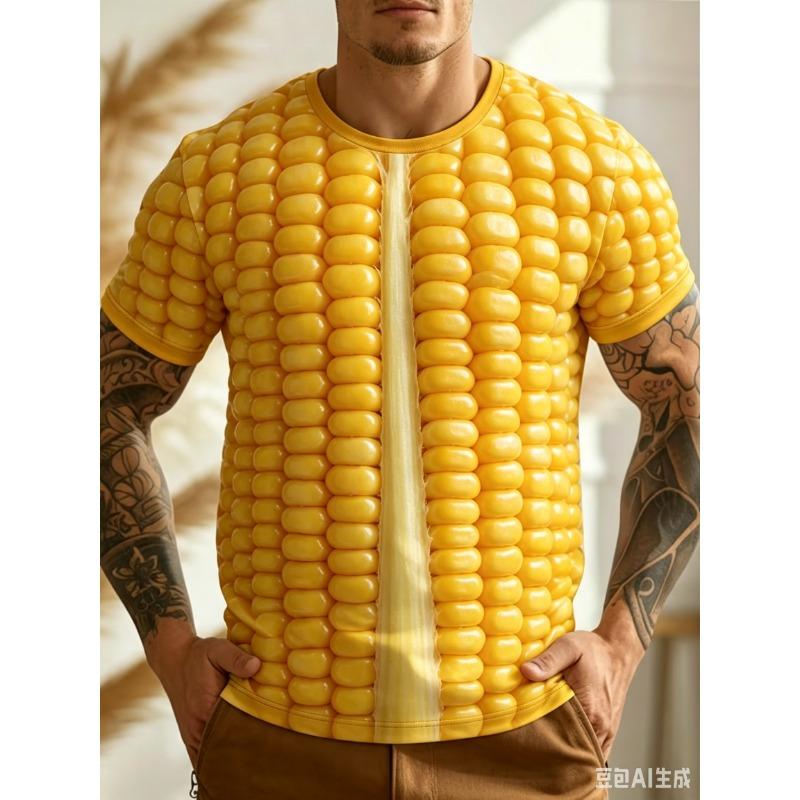 Herren Gelber Mais Koreanischer Salat T-Shirt 3D Gedruckt Kurzarm Gemüse Obst Atmungsaktiv Rundhals Freizeit T-Shirt für Mann
