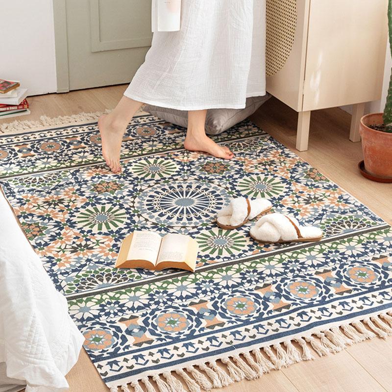 Cotton Linen Boho Rugs for Living Room Muslim Retro Ethnic Anti Slip Bedroom Area Rugs and Carpets Print Tatami Prayer Floor Mat