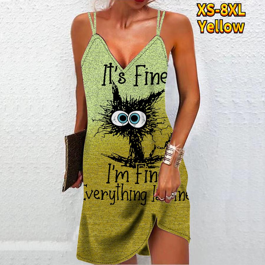 

Женское модное сексуальное платье без бретелек с 3D большими глазами и принтом жареного кота, свободное платье-бретелька с v-образным вырезом 6XL жёлтый