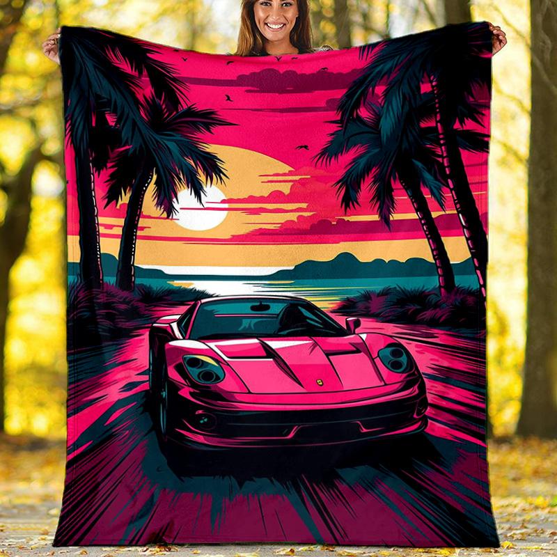 Pink Car Butterfly Rose Countryside Fleece Printed Flannel Blanket, Warm Soft Throw Sofa Bed Blanket