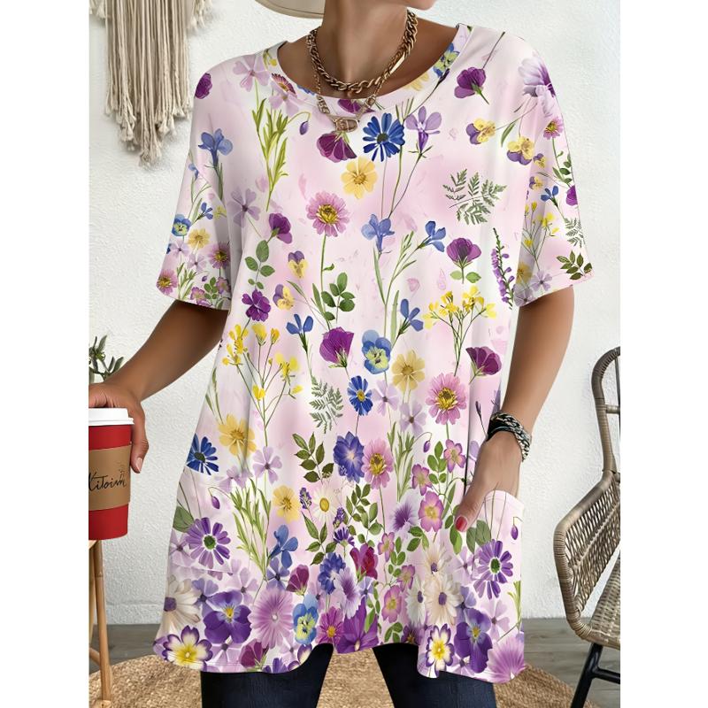

Women s plus size T-shirt with colorful floral print and pocket design, suitable for daily commuting 1XL