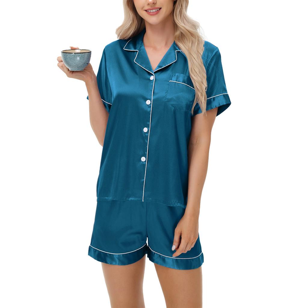 Dammode Pyjamas Set Satin Sovkläder Knäppta Toppar och Shorts Pyjamas 2-delad Kostym Pyjama Femme Nattkläder Loungewear för Sommar