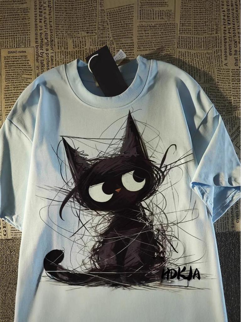 Unisex American Retro Black Cat Print Oversized T-Shirt - Summer Pure Cotton Short Sleeve Top