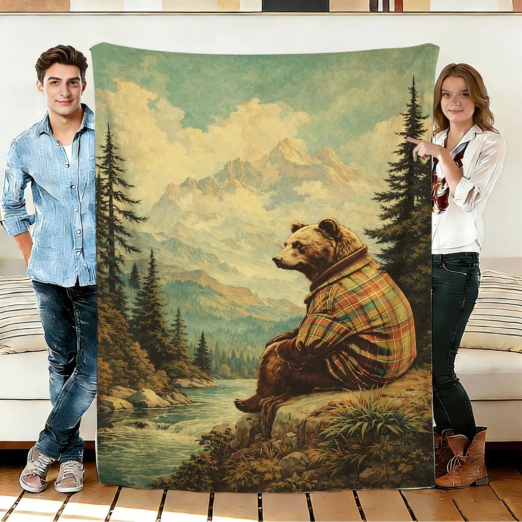 Bear in Plaid Shirt Flannel Blanket Soft Cozy Throws Napping Travel Use