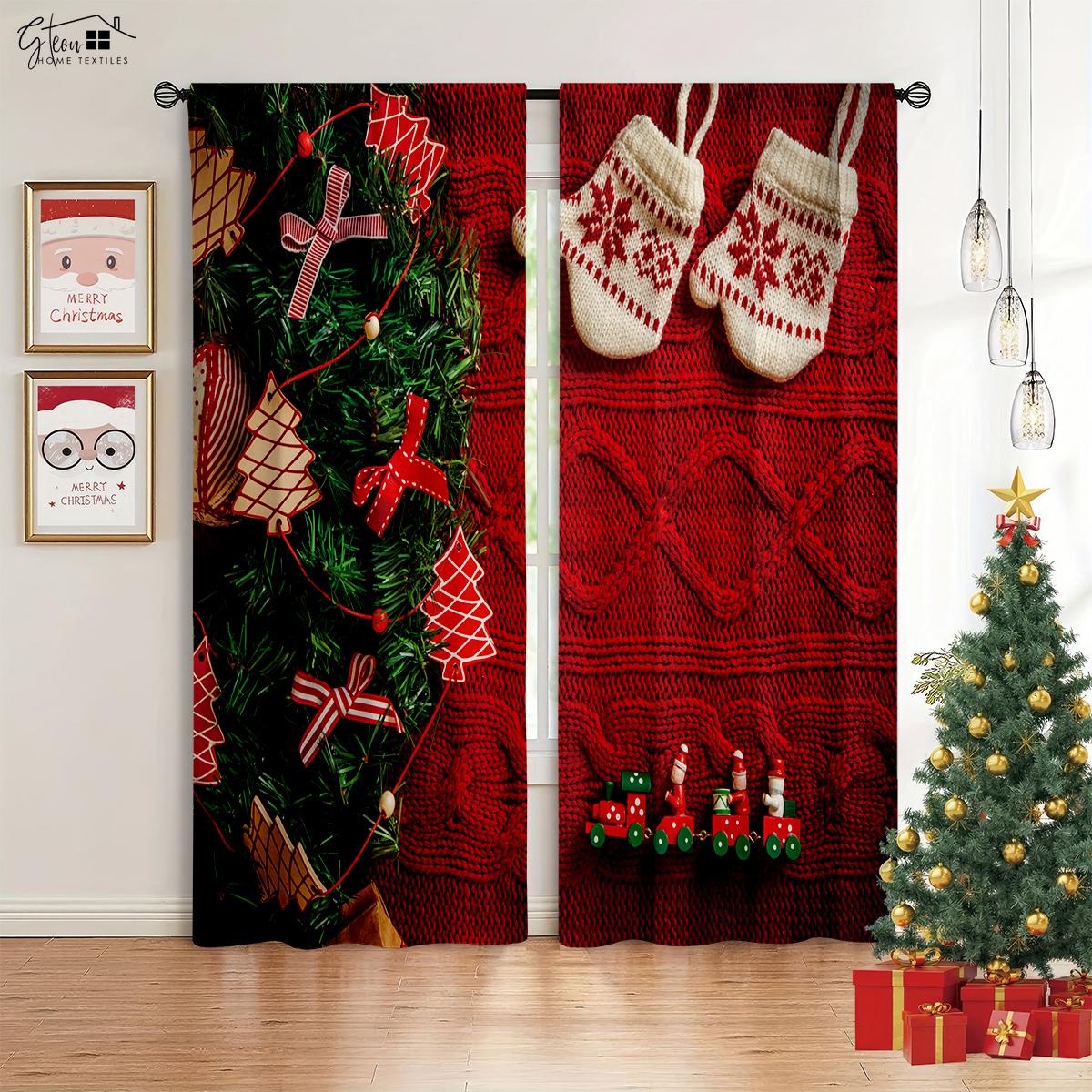 

Christmas New Decor Drapes Christmas Tree Christmas Gifts Elk Pumpkin Carriage Fireplace Snowflakes Holiday Curtains W50xH130(CM)x2PCS&Grommet Top