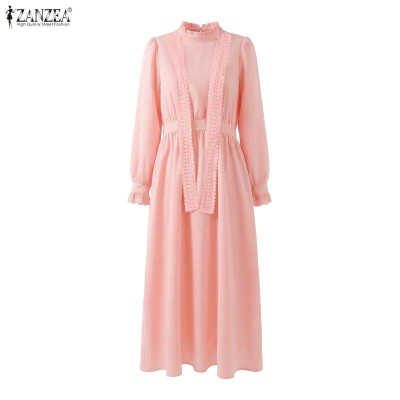 ZANZEA Damen Lässiges Stehkragen Langarm Locker Spitze Patchwork Langes Kleid