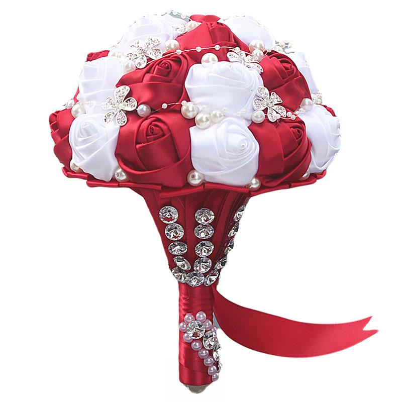 European & American Elegant Ribbon Flower Bridal Bouquet – Beaded Five-Flower Design