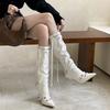 New pointed wedge heel pant tube boots pleated spice girl boots high heel but knee straight high boots black white women