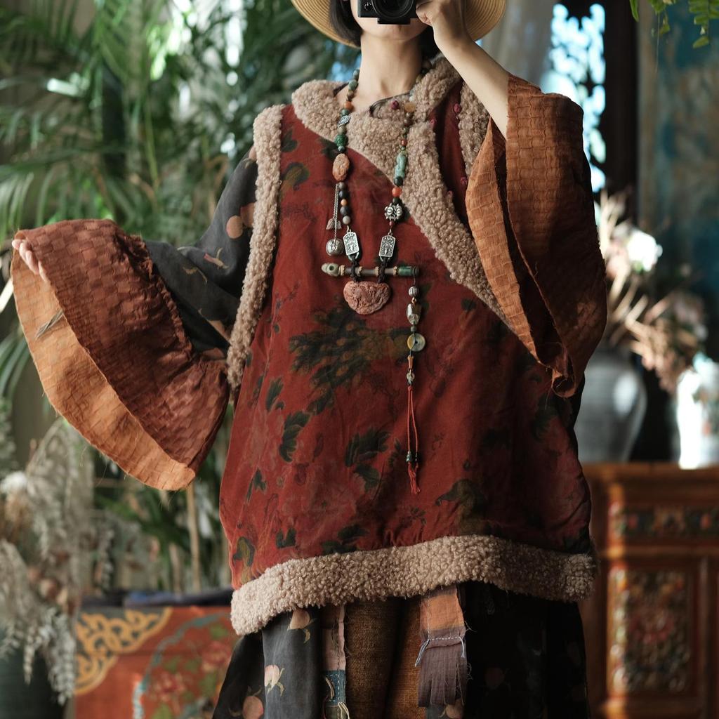 Johnature Women Chinese Coats Print Floral Patchwork Warm Winter Vintage Female Coats