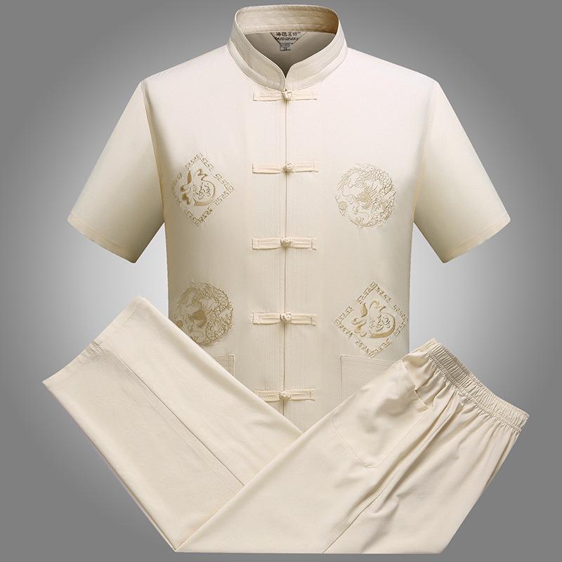Men's Ethnic Tang Suit: Summer Stand-up Collar Short-Sleeve Hanfu Set for Middle-Aged & Elderly