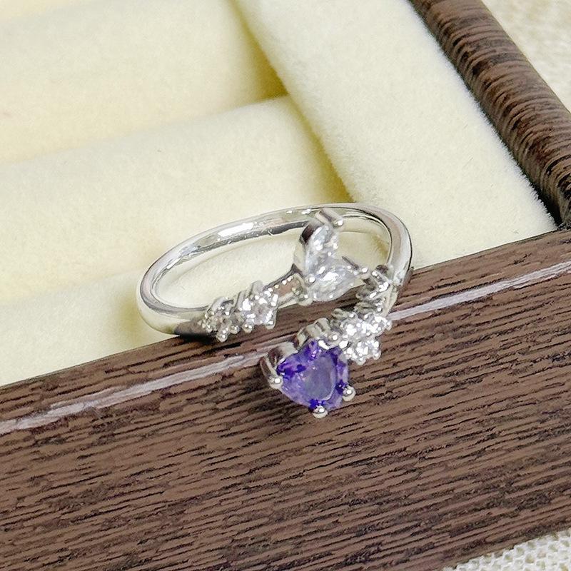 Niche Colored Treasure, Sweet And Cool Purple Diamond, Daisy Flower, Butterfly Opening Ring, Female Light Luxury And Cold Wind Stacking, Wearing Wind