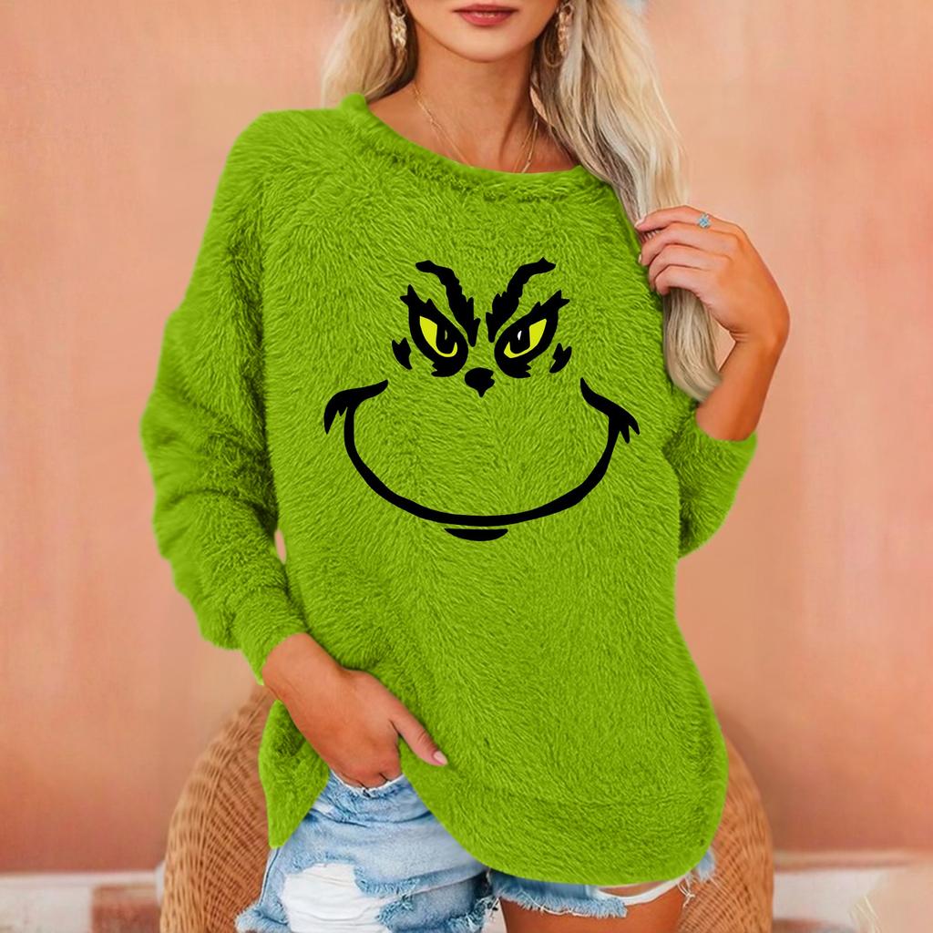 Damen Modischer Rundhals Langarm Weihnachts-Print Lockerer Plüsch Warmer Pullover