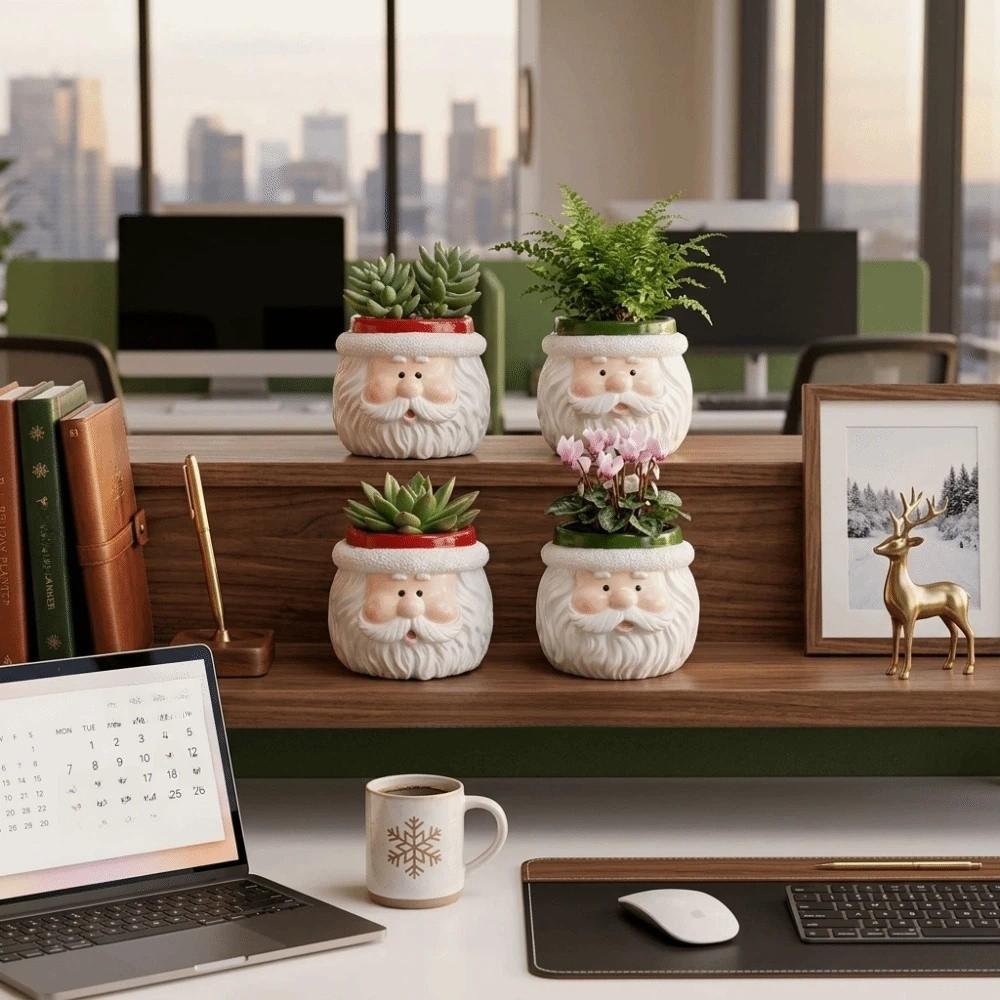 Resin Christmas Ornaments Cartoon Tabletop Plant Planter Santa Claus Flower Pot  Home