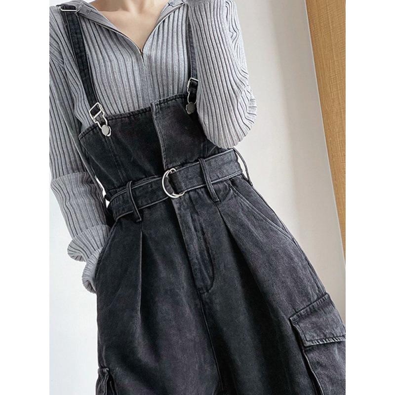 Damskie dżinsowe ogrodniczki z wysokim stanem i szerokimi nogawkami – Jesienny kombinezon modowy