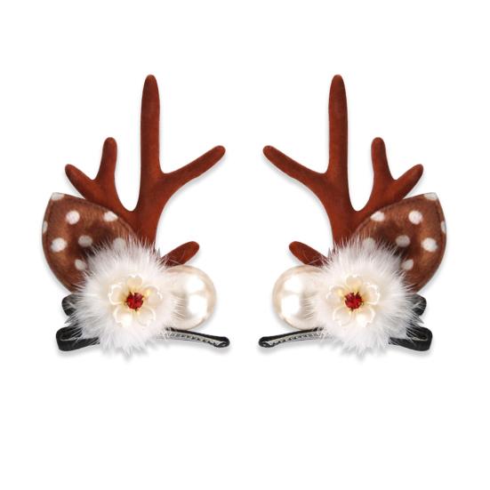 1 Pair Christmas Hairpins Holiday Antlers Design Faux Pearls Plush Ball Decor Hair Clips Christmas Party Photography Props