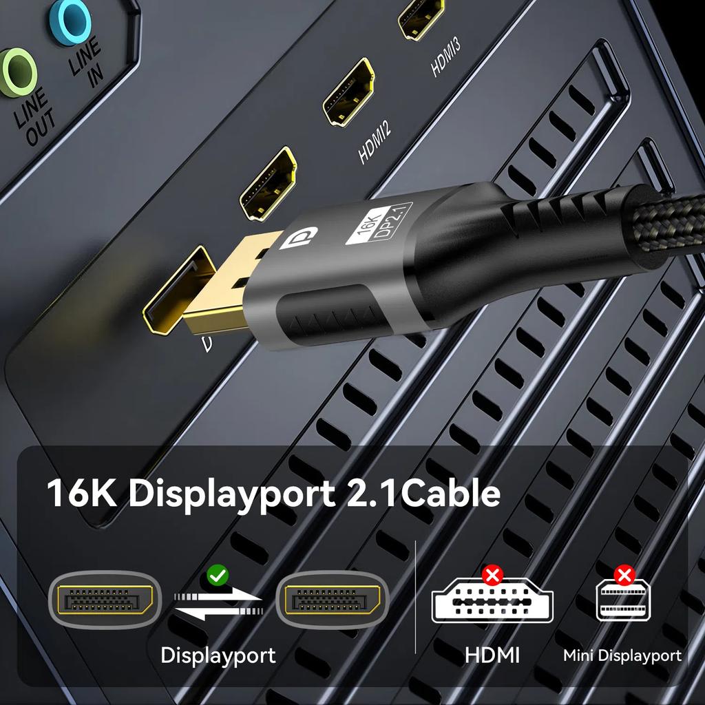 HDMI Cable 16K DP 2.1 8K@120Hz 4K@240Hz 80Gbps  HDR Video Audio  Display Port for Laptop TV Xbox Projector Gaming Monitor