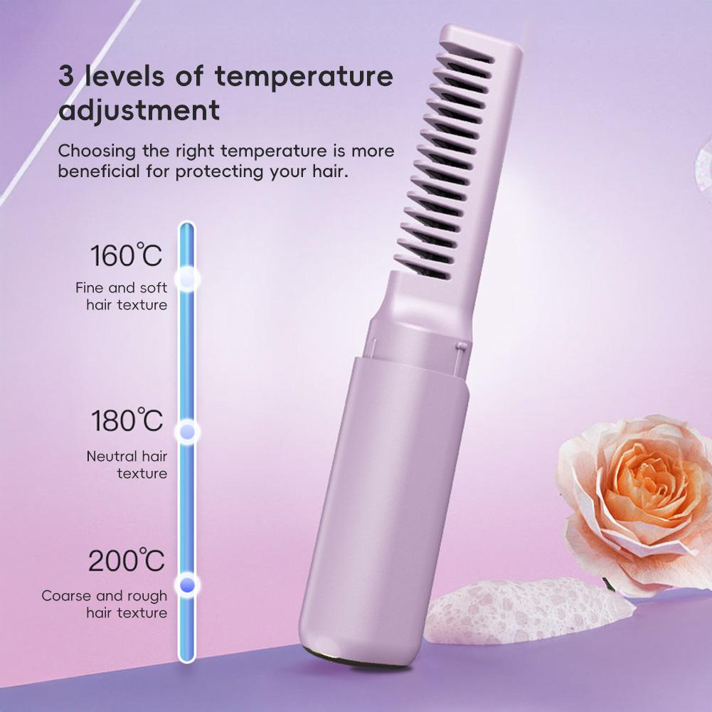 2-in-1 Mini Travel Hair Styler Wireless USB-C Rechargeable Curling & Straightening LCD Comb Auto Shutoff for Travel Beauty Hair Tool