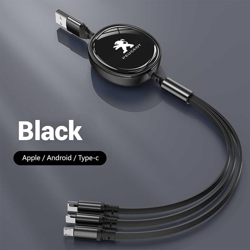 

2026 Hot Car Sticker 3-in-1 Micro Data Wire USB Type C Fast Charger Cable For Peugeot GT 3008 308 T9 208 508 2008 5008 207 206 4