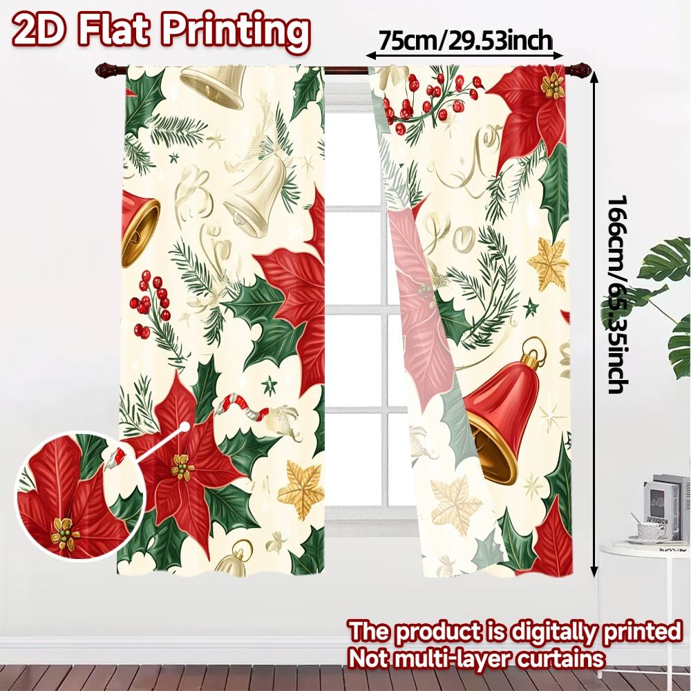 2pcs,Curtains Christmas Bells Poinsettia Holly (2) Popular Curtain Fabric Versatile Durable Polyester Curtains Versatile All Use