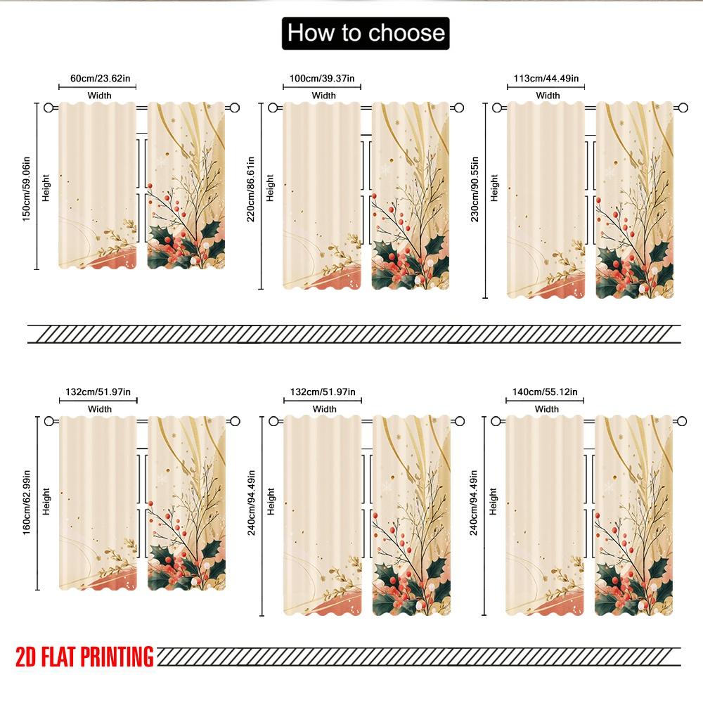 2pcs 2D flat printing Christmas Party Curtains Christmas Holly Berries Sprigs Digital Printed Polyester Drapes Party & Holiday