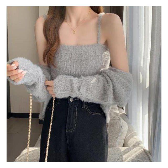 Mink-Like Camisole & Cardigan Two-Piece Set - Women's Knitted Solid Color Sweater